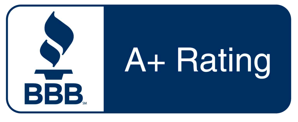 A photo of a BBB A+ rating, the photo is half blue and white with the BBB logo.