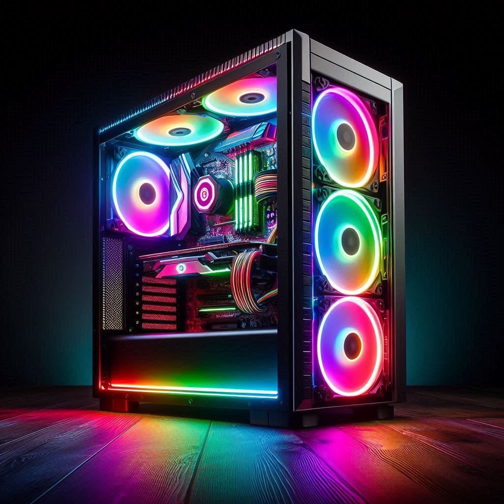 A photo of a custom desktop build, the computer has a glass side panel, with lots of RGB lighting, mainly on the fans, cooler, and ram.