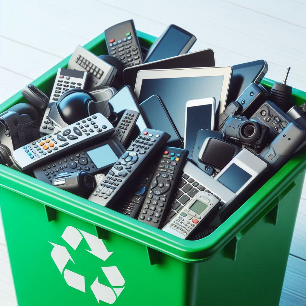 A photo of a recycle bin full of electronics devices, such as remotes, phones, tablets, and more.