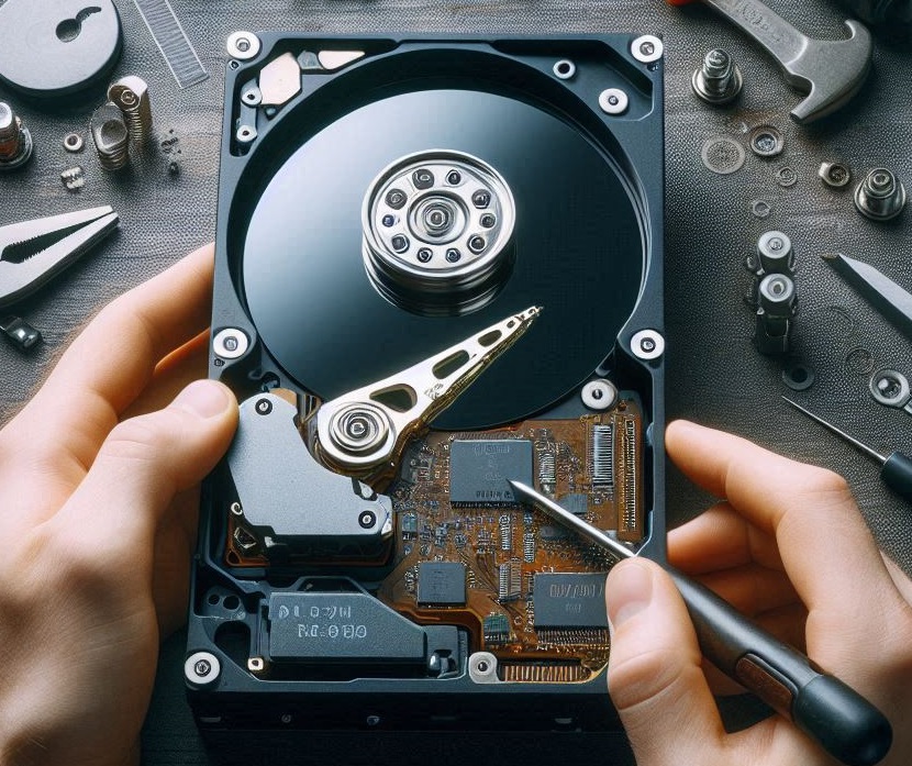 A photo of an open hard drive, a technician is holding it with a screw driver in hand, the table is filled with other various tools, screws, and washers.